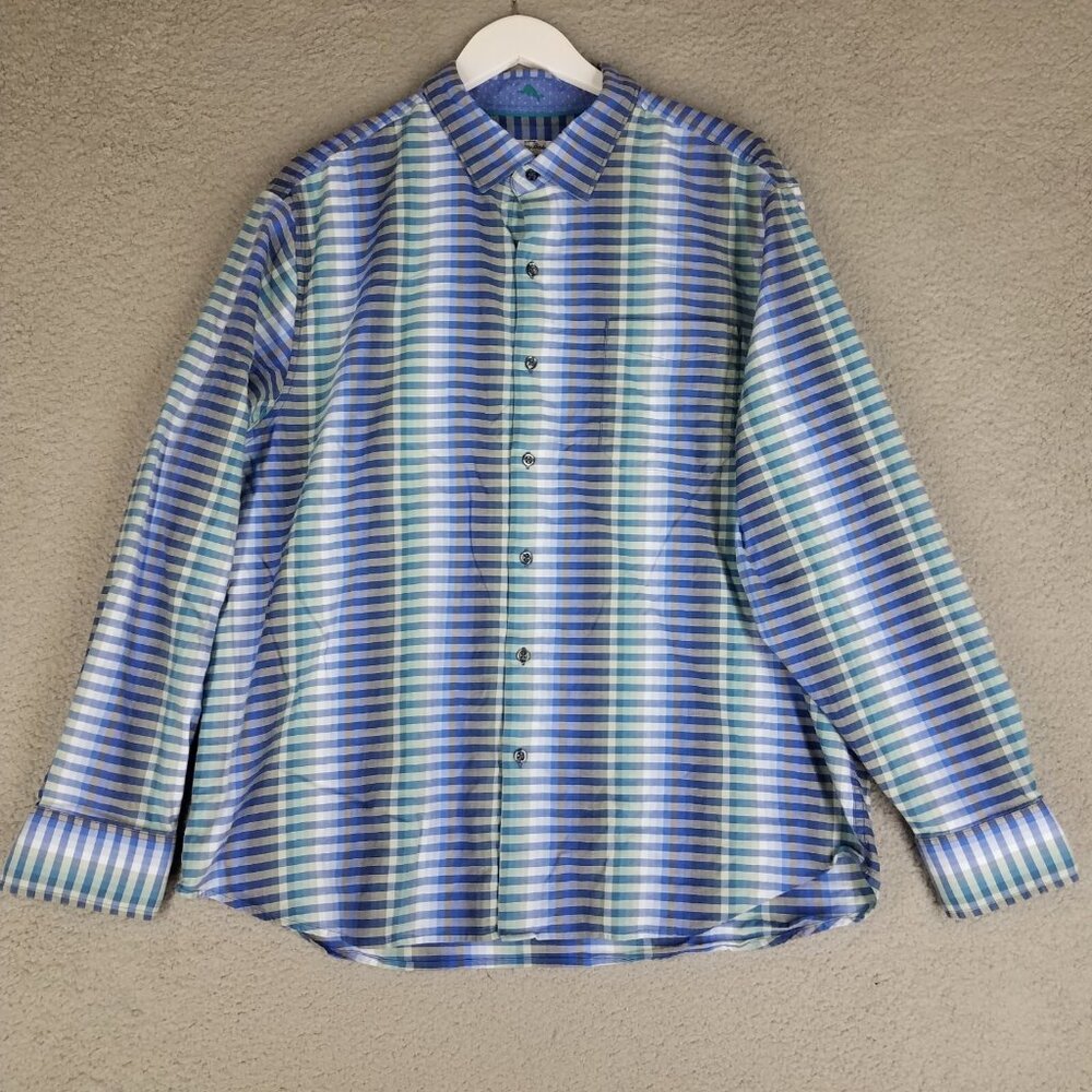 Tommy Bahama Button Down Shirt Adult XL Plaid Blue White Office Travel Mens